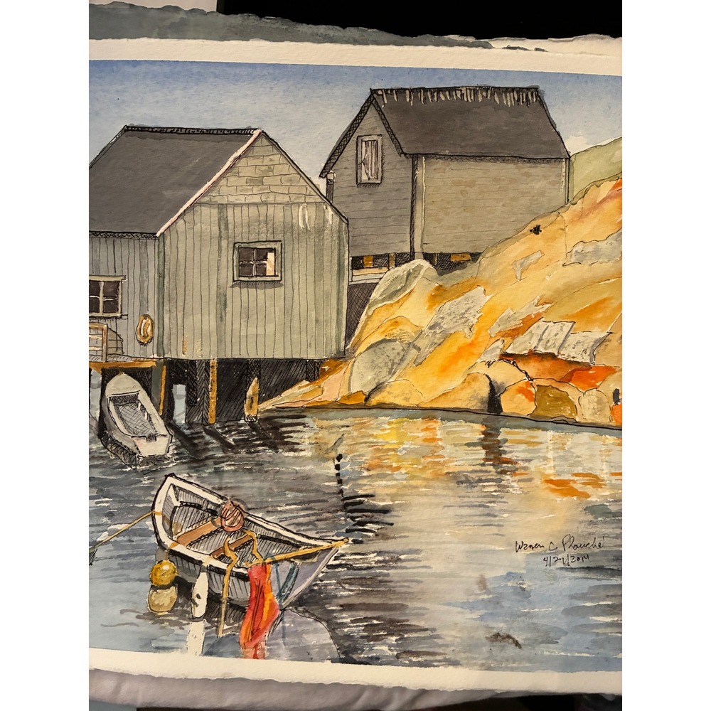 Peggys Cove Original Watercolor Ink Painting Nova Scotia 2014 Warren C Plauche - Picture 3 of 7